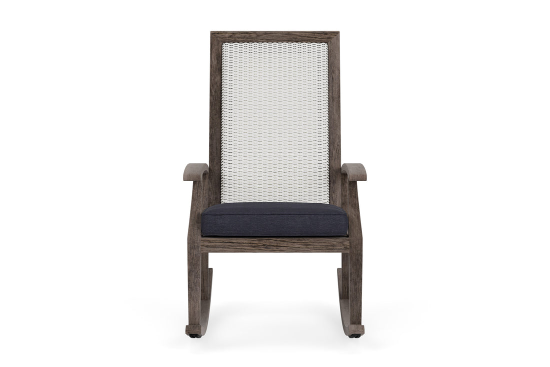 Lloyd Flanders Frontier High Back Porch Rocker in Matte White frame with Play Navy fabric