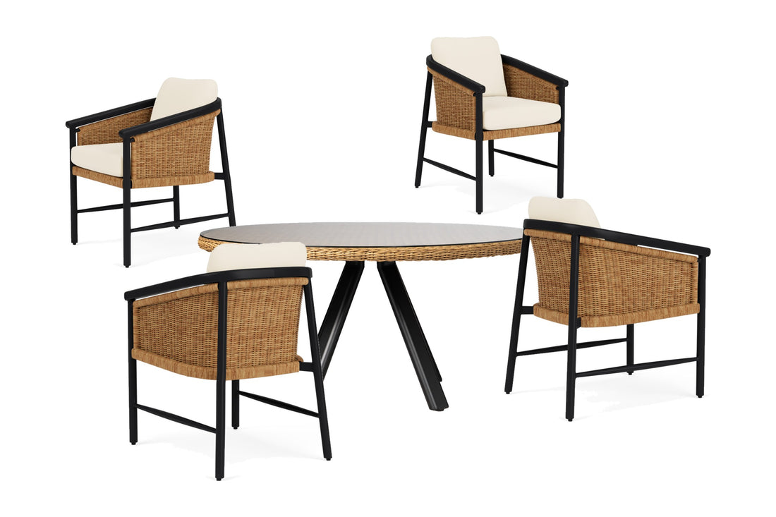 Lloyd Flanders Galloway 5-Piece Dining Set in Tortoiseshell with Brightside Chalk fabric - all pieces shown