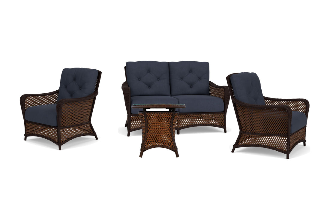 Lloyd Flanders Grand Traverse 4-Piece Conversation Set in Caramel with Hayden Navy fabric - all pieces shown