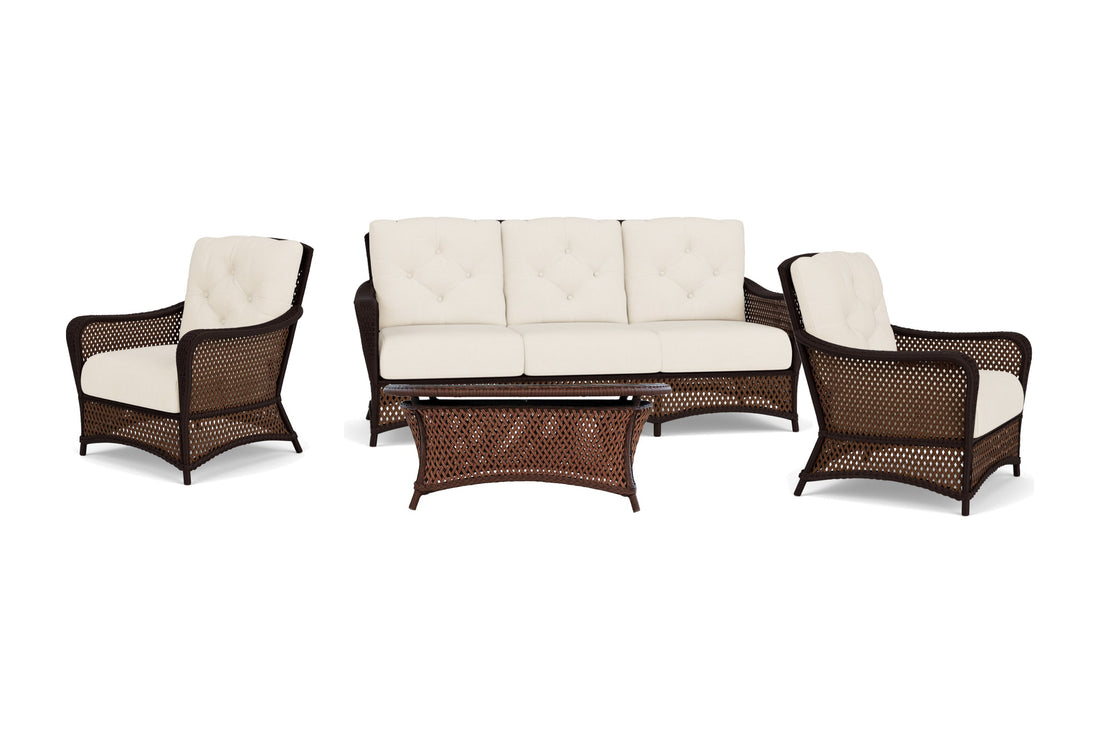 Lloyd Flanders Grand Traverse 4-Piece Living Room Set in Caramel with Fortune Champagne fabric - all pieces shown