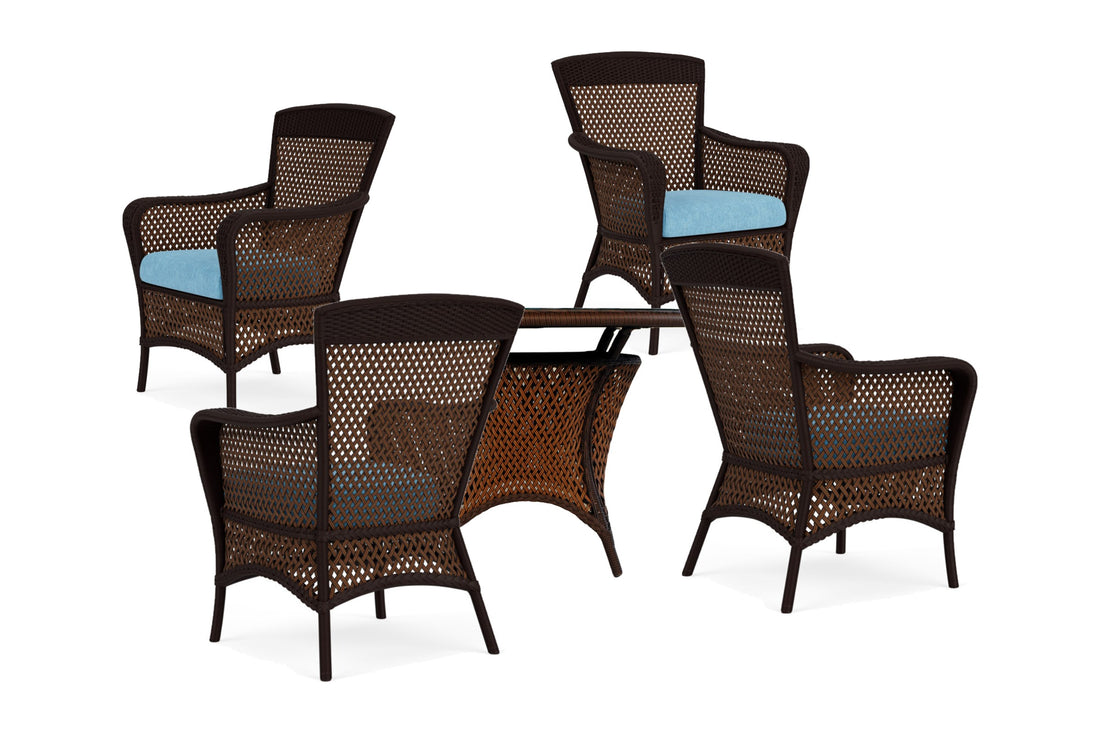 Lloyd Flanders Grand Traverse 5-Piece Dining Set in Caramel with Cast Horizon fabric - all pieces shown