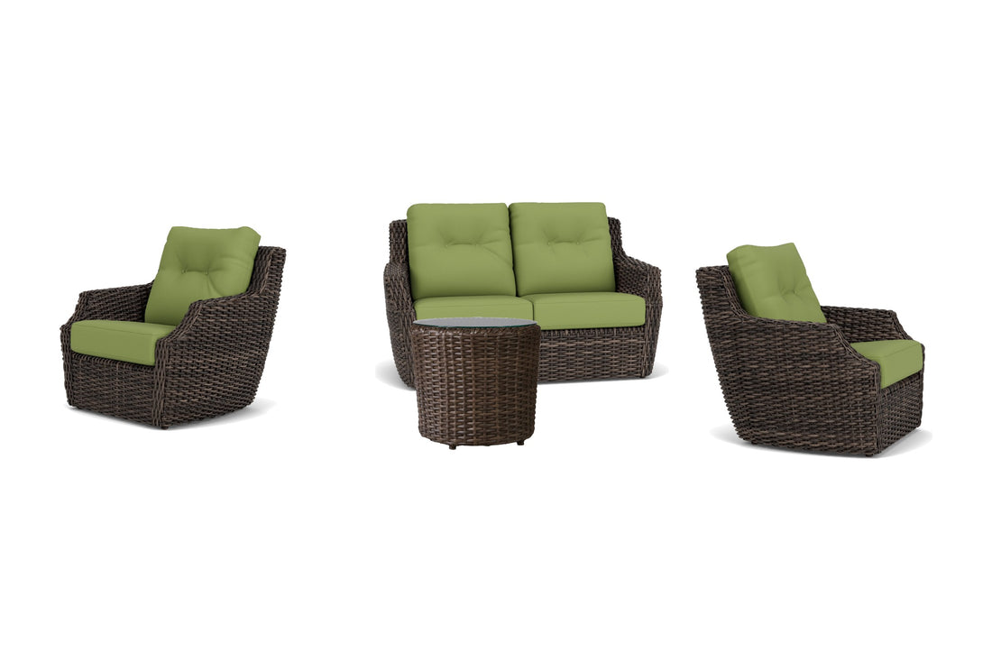 Lloyd Flanders Largo 4-Piece Conversation Set in Vintage Oak with Brightside Apple fabric - all pieces shown
