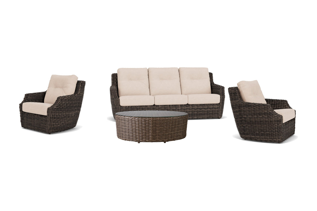 Lloyd Flanders Largo 4-Piece Living Room Set in Vintage Oak with Falcon Ecru fabric - all pieces shown