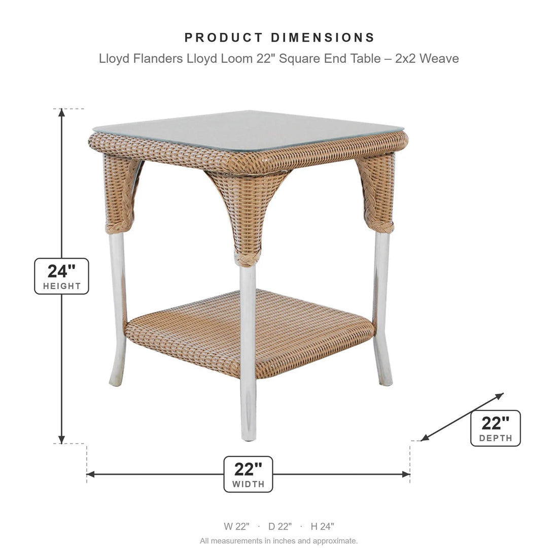 Lloyd Flanders Lloyd Loom 22" Square End Table – 2x2 Weave dimensions: 22 in W x 22 in D x 24 in H