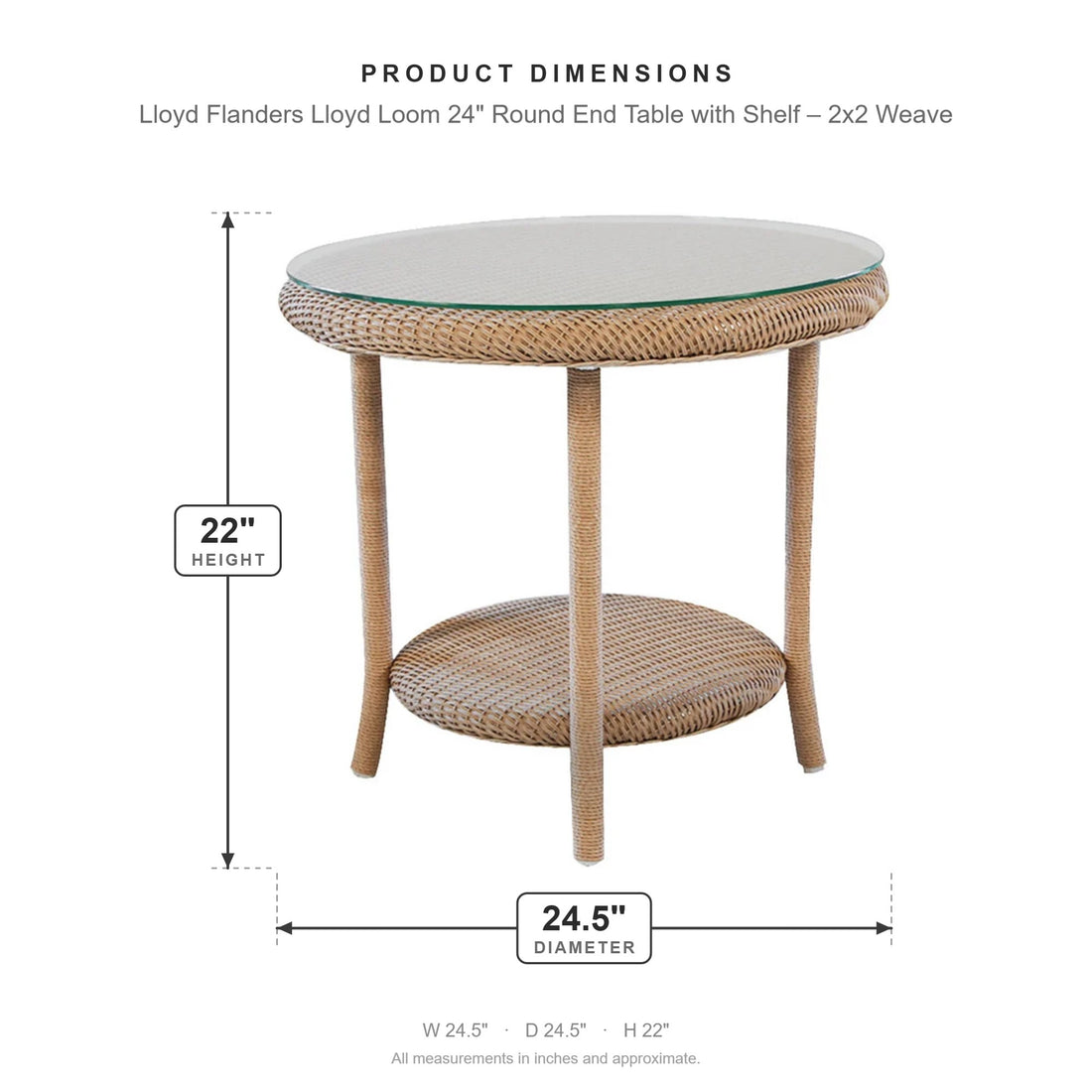 Lloyd Flanders Lloyd Loom 24" Round End Table with Shelf – 2x2 Weave dimensions: 24.5 in W x 24.5 in D x 22 in H