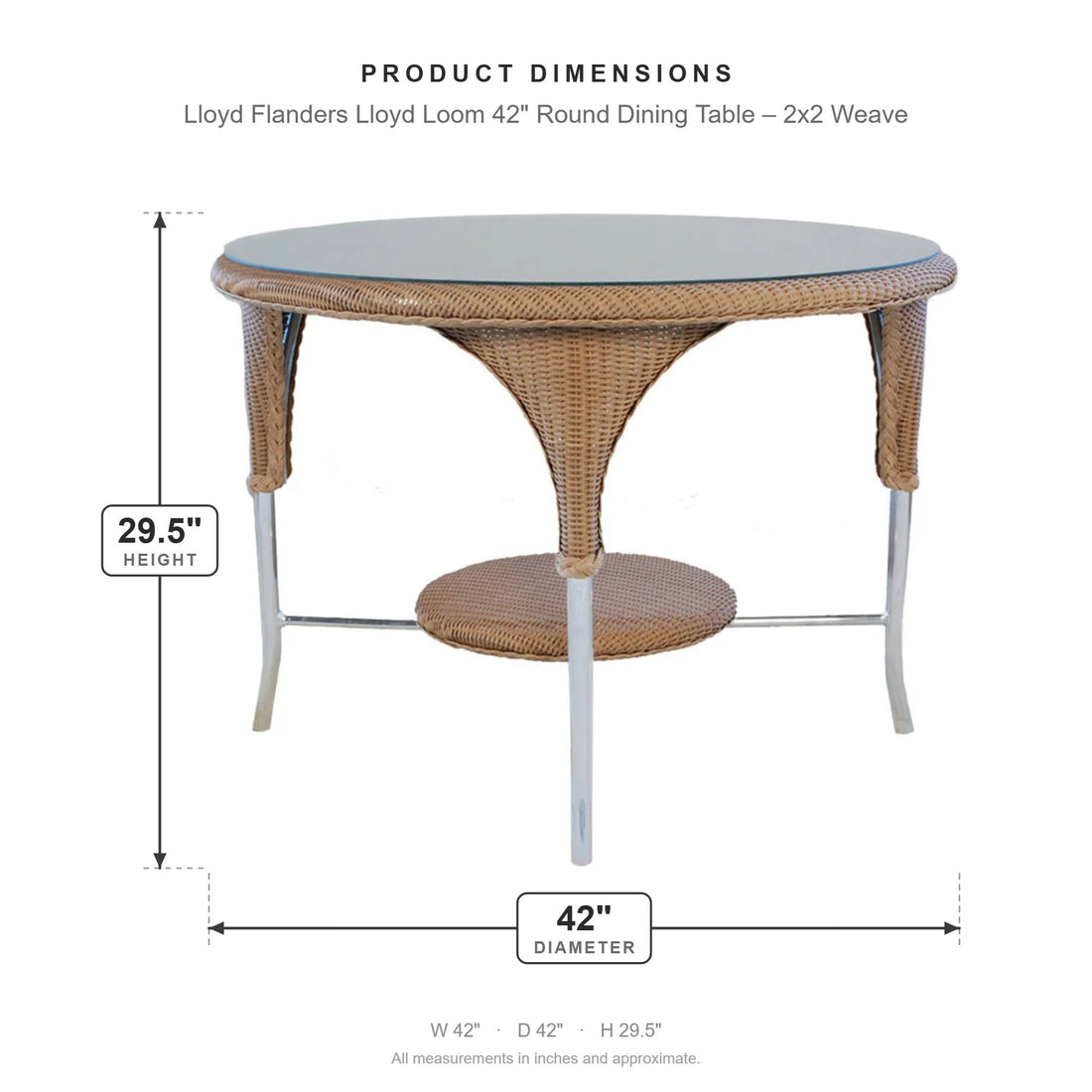 Lloyd Flanders Lloyd Loom 42" Round Dining Table – 2x2 Weave dimensions: 42 in W x 42 in D x 29.5 in H
