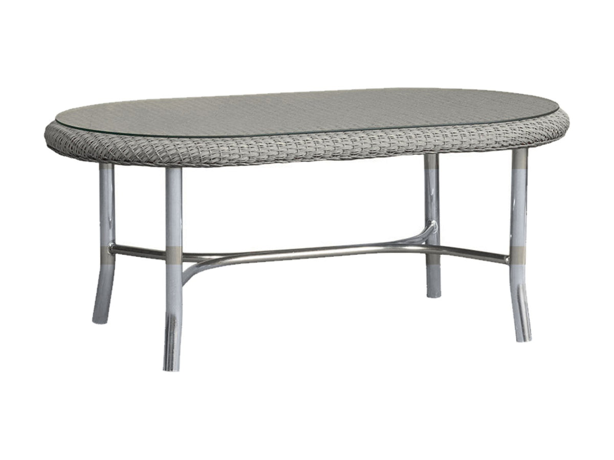 Lloyd Flanders Lloyd Loom 43 Inch Oval Cocktail Table Mini Random Weave Platinum Frame