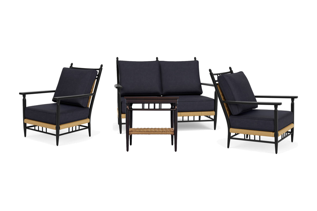 Lloyd Flanders Low Country 4-Piece Conversation Set in Natural with Play Navy fabric - all pieces shown