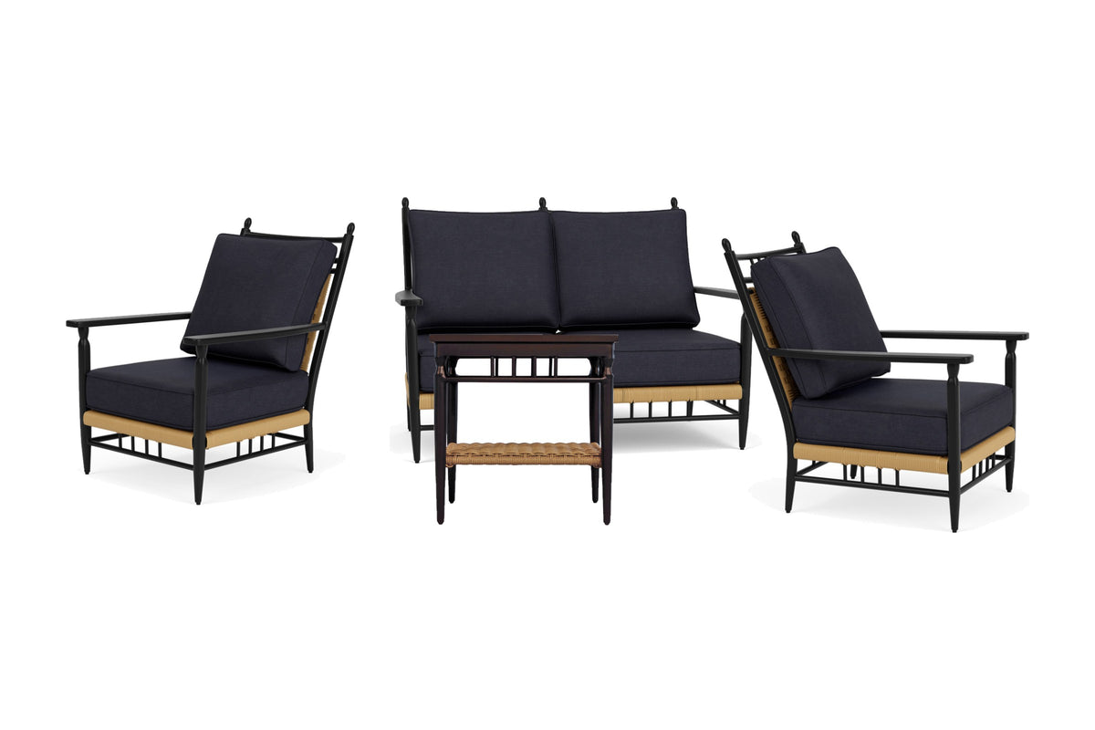Lloyd Flanders Low Country 4-Piece Conversation Set in Natural with Play Navy fabric - all pieces shown
