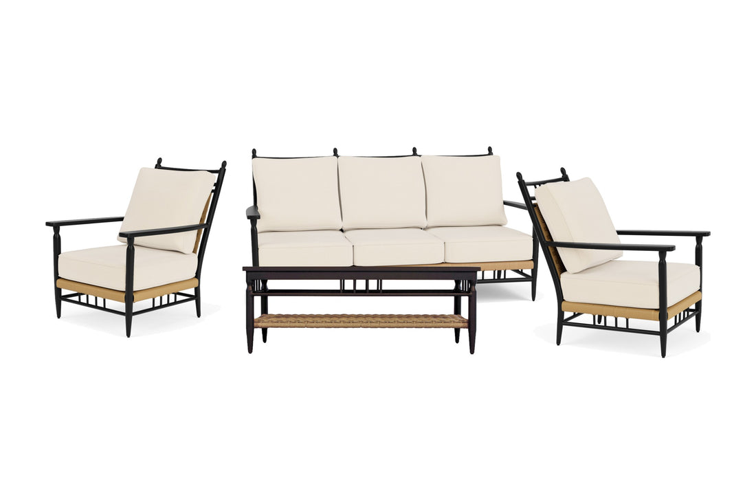 Lloyd Flanders Low Country 4-Piece Living Room Set in Natural with Brightside Egret fabric - all pieces shown