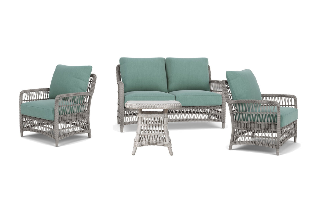 Lloyd Flanders Mackinac 4-Piece Conversation Set in Putty with Loveboat Mint fabric - all pieces shown