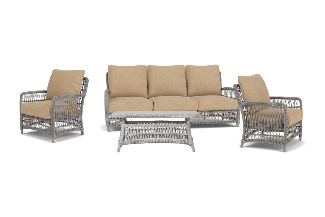 Lloyd Flanders Mackinac 4-Piece Living Room Set in Putty with Hayden Sand fabric - all pieces shown