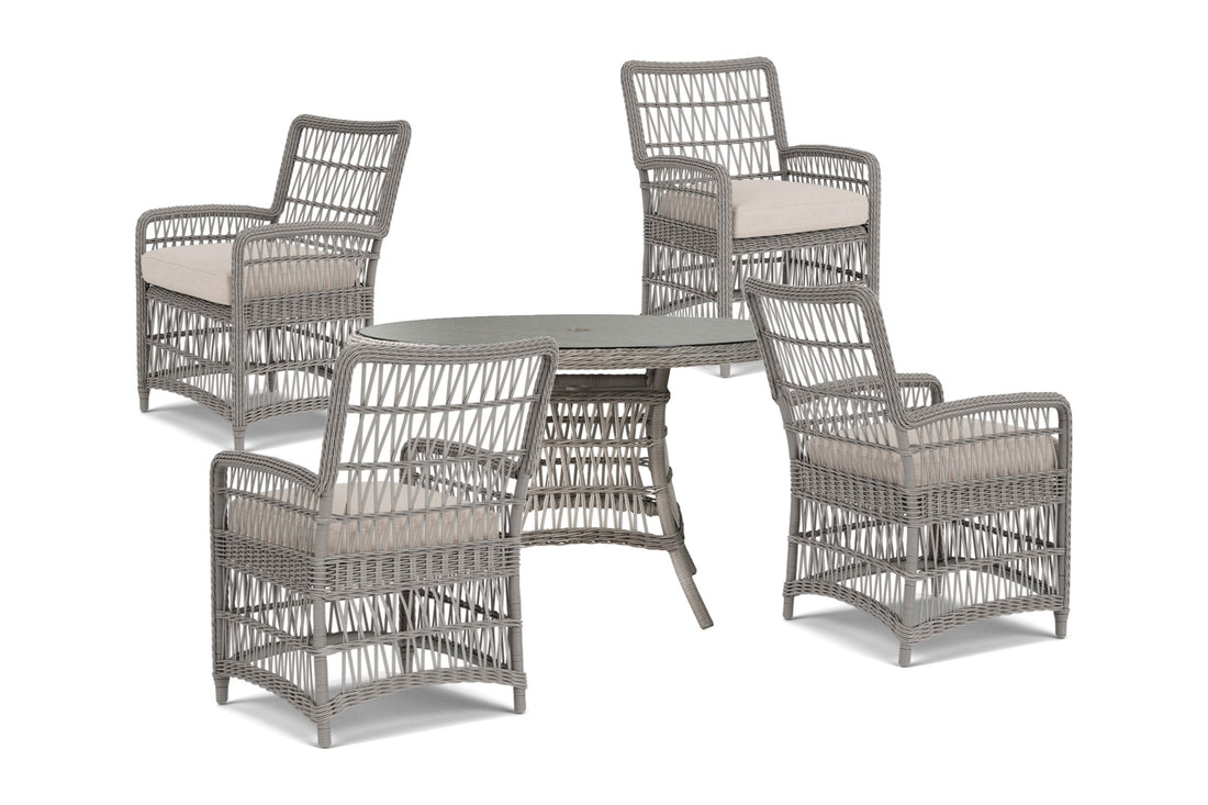 Lloyd Flanders Mackinac 5-Piece Dining Set in Putty with Zenith Oatmeal fabric - all pieces shown