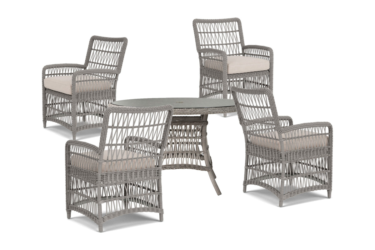 Lloyd Flanders Mackinac 5-Piece Dining Set in Putty with Zenith Oatmeal fabric - all pieces shown