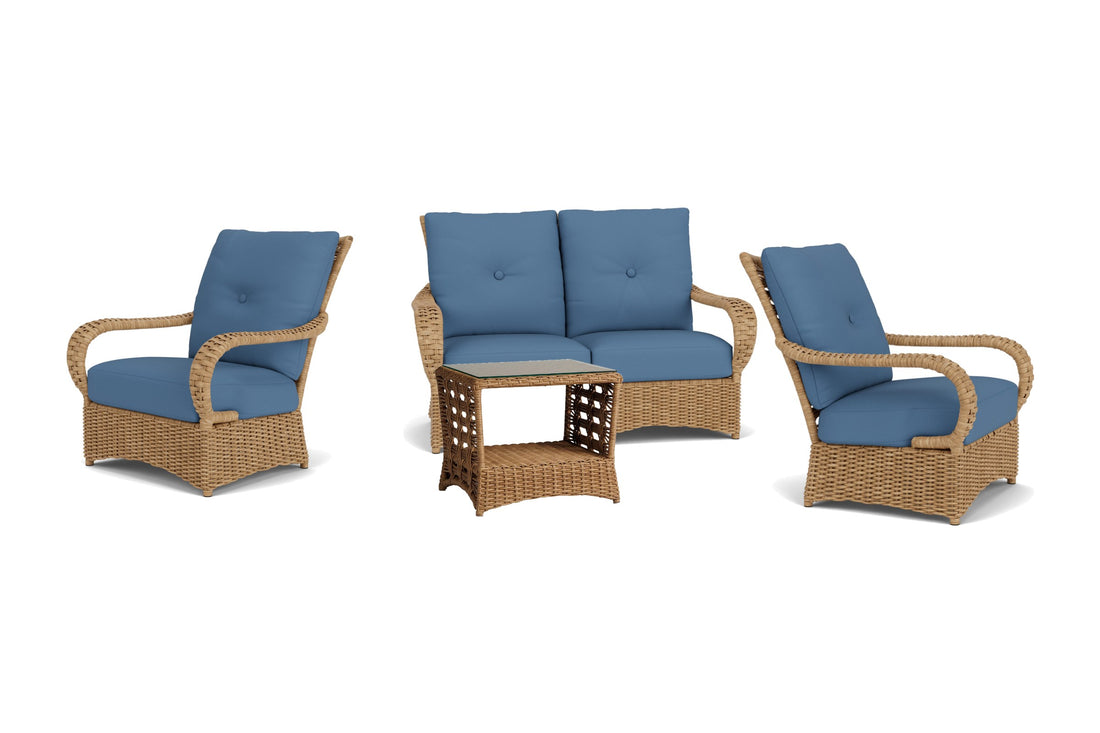 Lloyd Flanders Magnolia 4-Piece Conversation Set in Sandcastle with Brightside Sea Blue fabric - all pieces shown