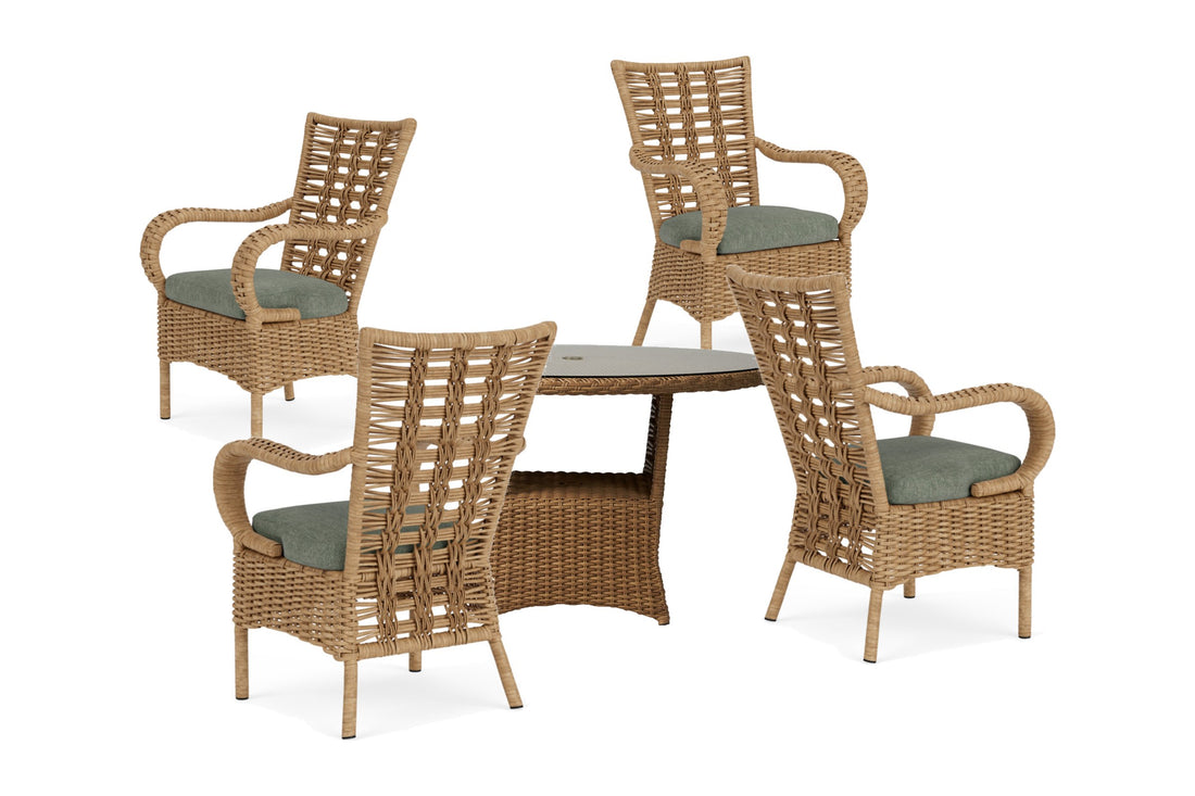 Lloyd Flanders Magnolia 5-Piece Dining Set in Sandcastle with Cast Sage fabric - all pieces shown