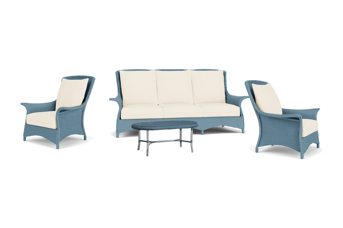 Lloyd Flanders Mandalay 4-Piece Living Room Set in Stillwater frame with Brightside Chalk fabric - all pieces shown
