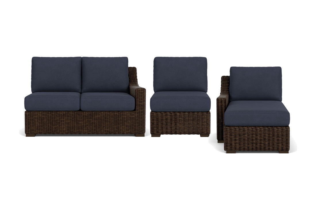 Lloyd Flanders Mesa 3-Piece Chaise Sectional in Pecan with Hayden Navy fabric - all pieces shown