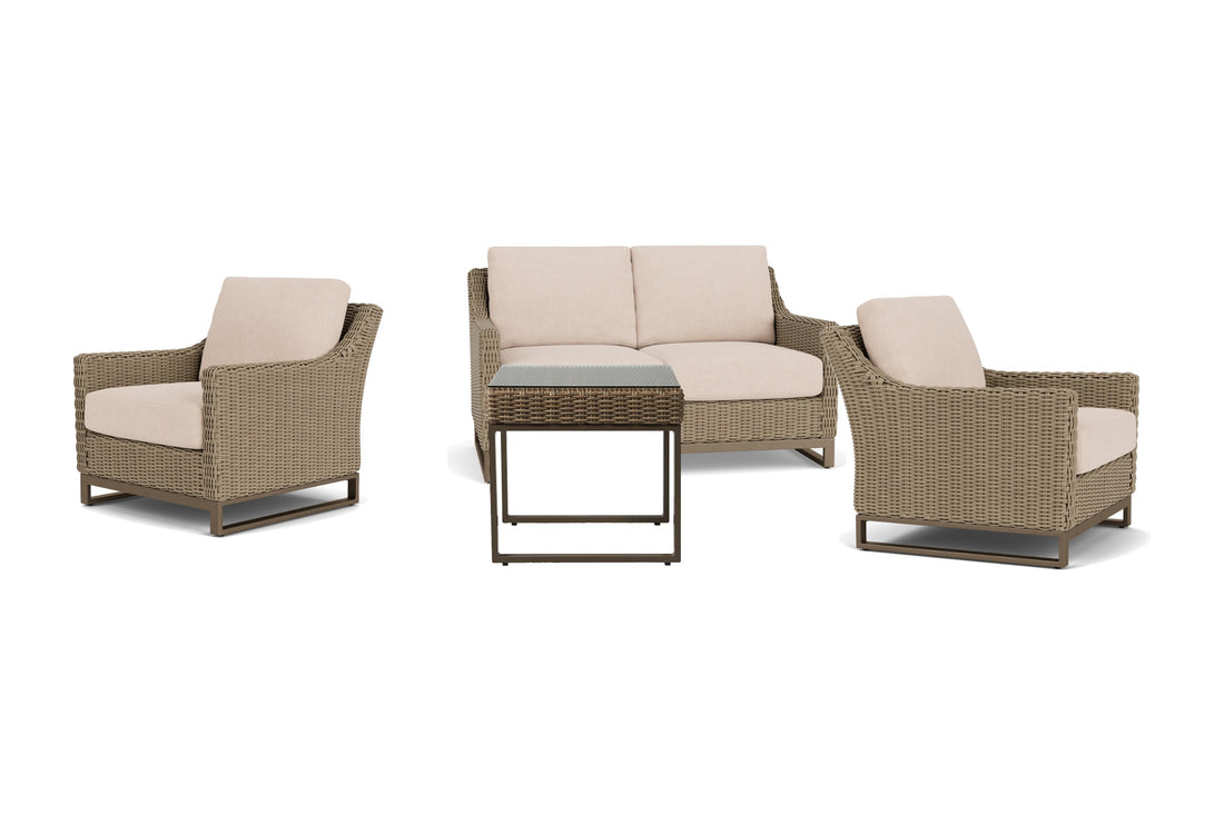 Lloyd Flanders Milan 4-Piece Conversation Set in Brushwood with Falcon Ecru fabric - all pieces shown