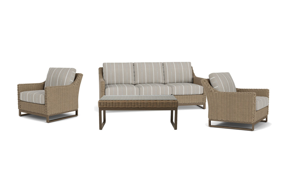 Lloyd Flanders Milan 4-Piece Living Room Set in Brushwood with Sandy Point Stone fabric - all pieces shown