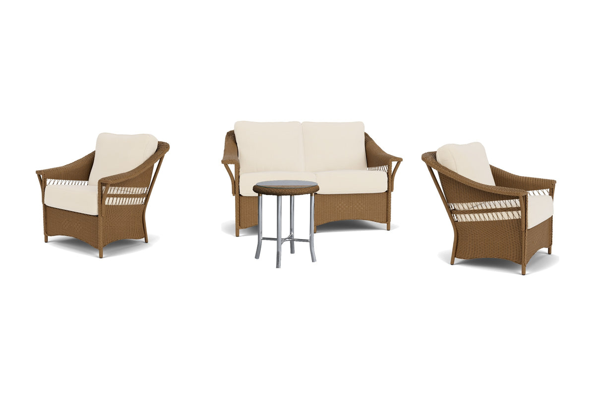 Lloyd Flanders Nantucket 4-Piece Conversation Set in Hickory frame with Brightside Egret fabric - all pieces shown