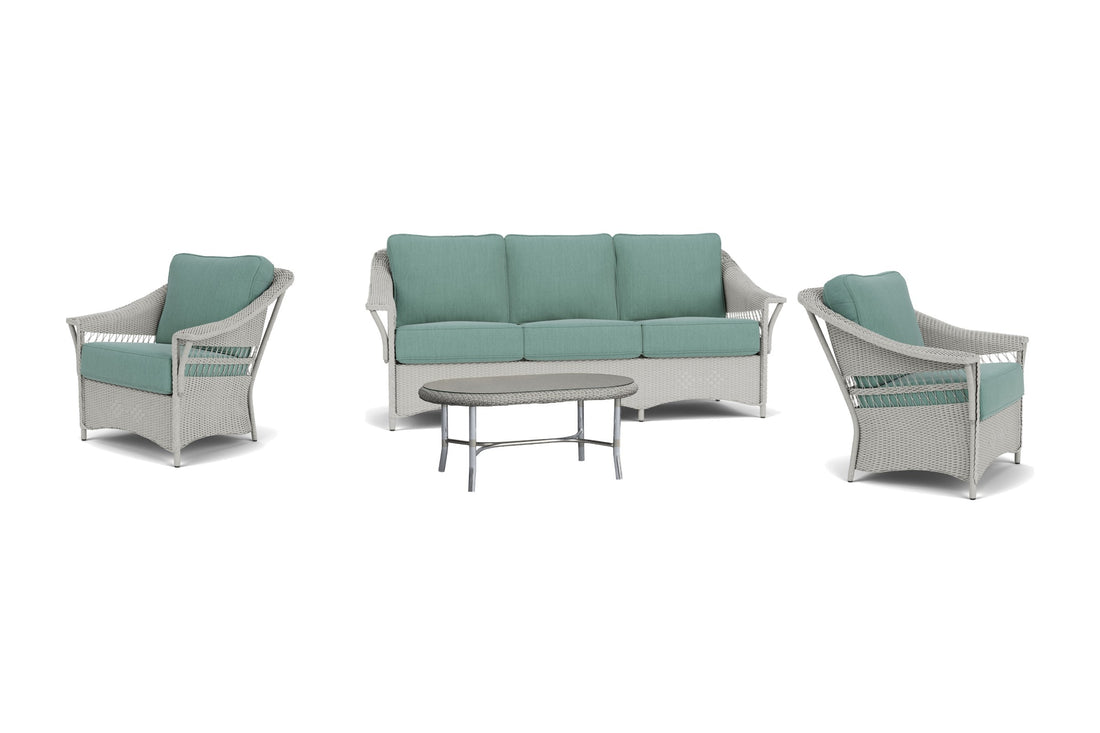 Lloyd Flanders Nantucket 4-Piece Living Room Set in Platinum frame with Loveboat Mint fabric - all pieces shown