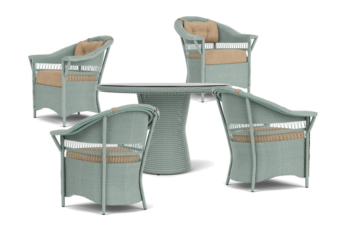 Lloyd Flanders Nantucket 5-Piece Dining Set in Sea Glass frame with Hayden Sand fabric - all pieces shown