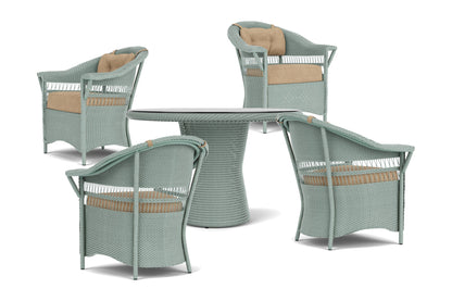 Lloyd Flanders Nantucket 5-Piece Dining Set in Sea Glass frame with Hayden Sand fabric - all pieces shown