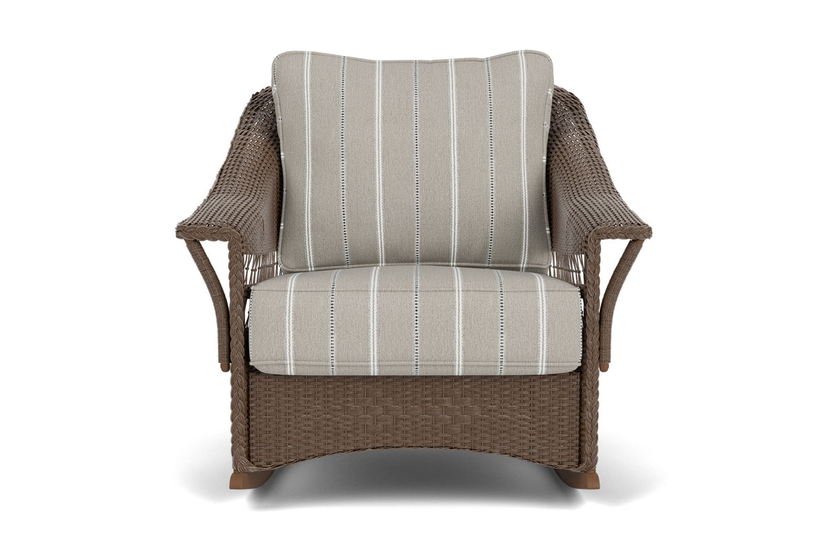 Lloyd Flanders Nantucket Lounge Rocker in Bark frame with Sandy Point Stone fabric