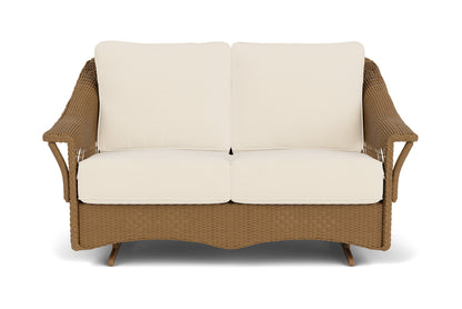 Lloyd Flanders Nantucket Loveseat Glider in Hickory frame with Brightside Egret fabric