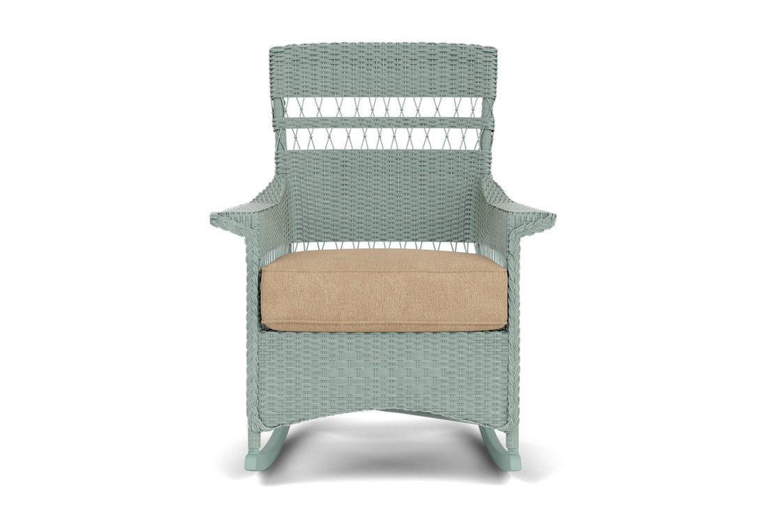 Lloyd Flanders Nantucket Porch Rocker in Sea Glass frame with Hayden Sand fabric