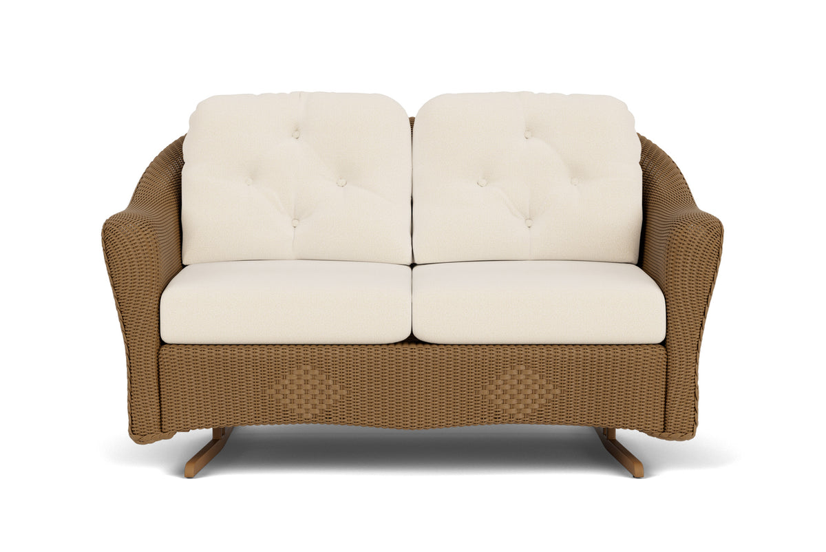 Lloyd Flanders Reflections Loveseat Glider in Hickory frame with Brightside Egret fabric