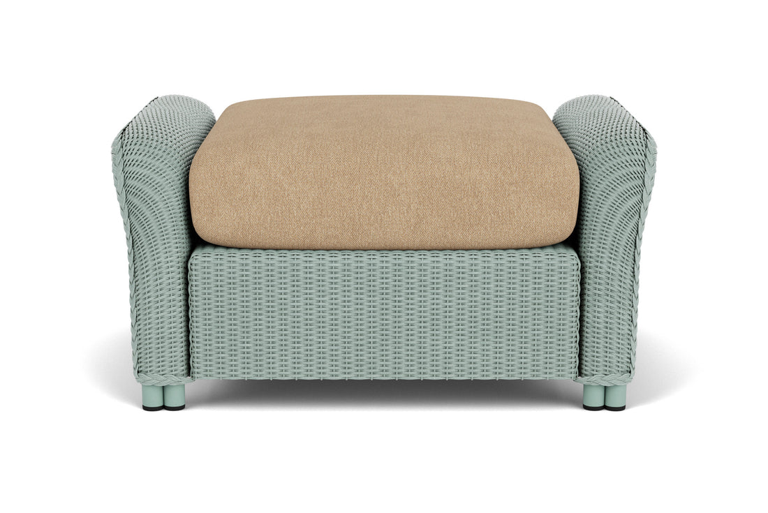 Lloyd Flanders Reflections Ottoman in Sea Glass frame with Hayden Sand fabric