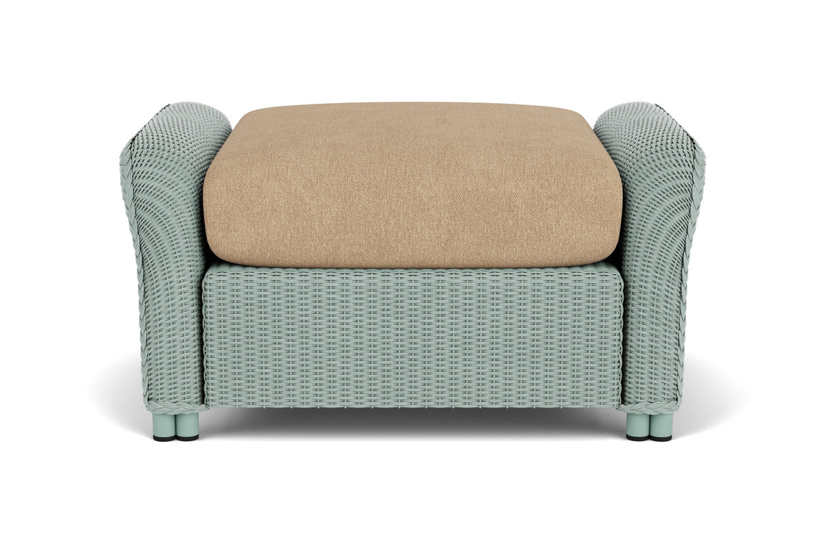 Lloyd Flanders Reflections Ottoman in Sea Glass frame with Hayden Sand fabric