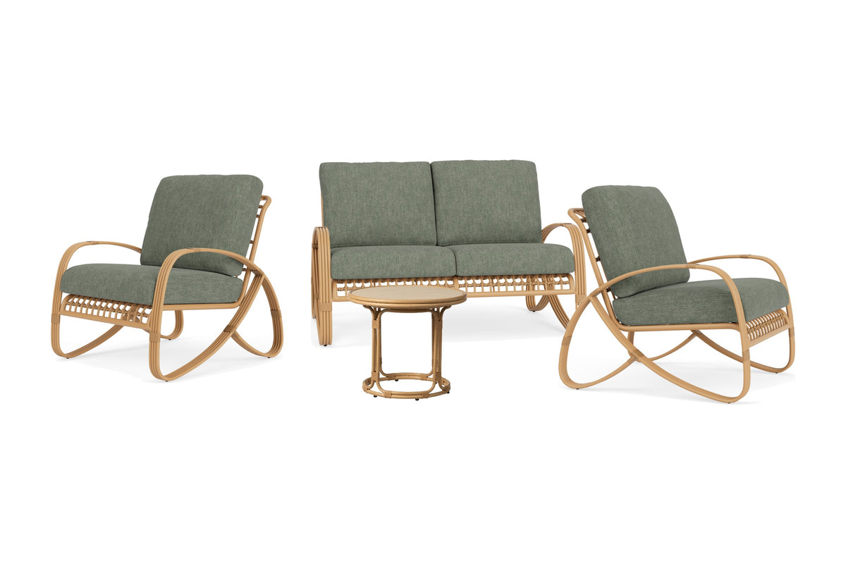 Lloyd Flanders Riviera 4-Piece Conversation Set in Camel with Cast Sage fabric - all pieces shown