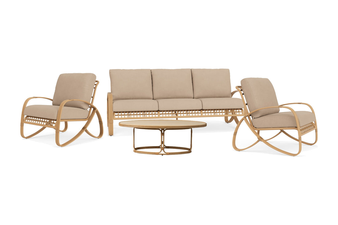 Lloyd Flanders Riviera 4-Piece Living Room Set in Camel with Hayden Linen fabric - all pieces shown