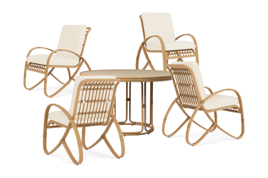 Lloyd Flanders Riviera 5-Piece Dining Set in Camel with Brightside Chalk fabric - all pieces shown