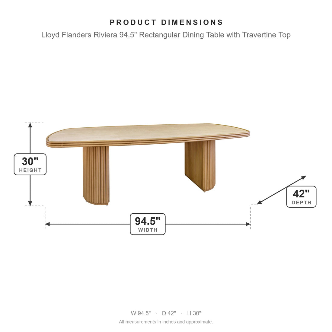 Lloyd Flanders Riviera 94.5" Rectangular Dining Table with Travertine Top dimensions: 94.5 in W x 42 in D x 30 in H