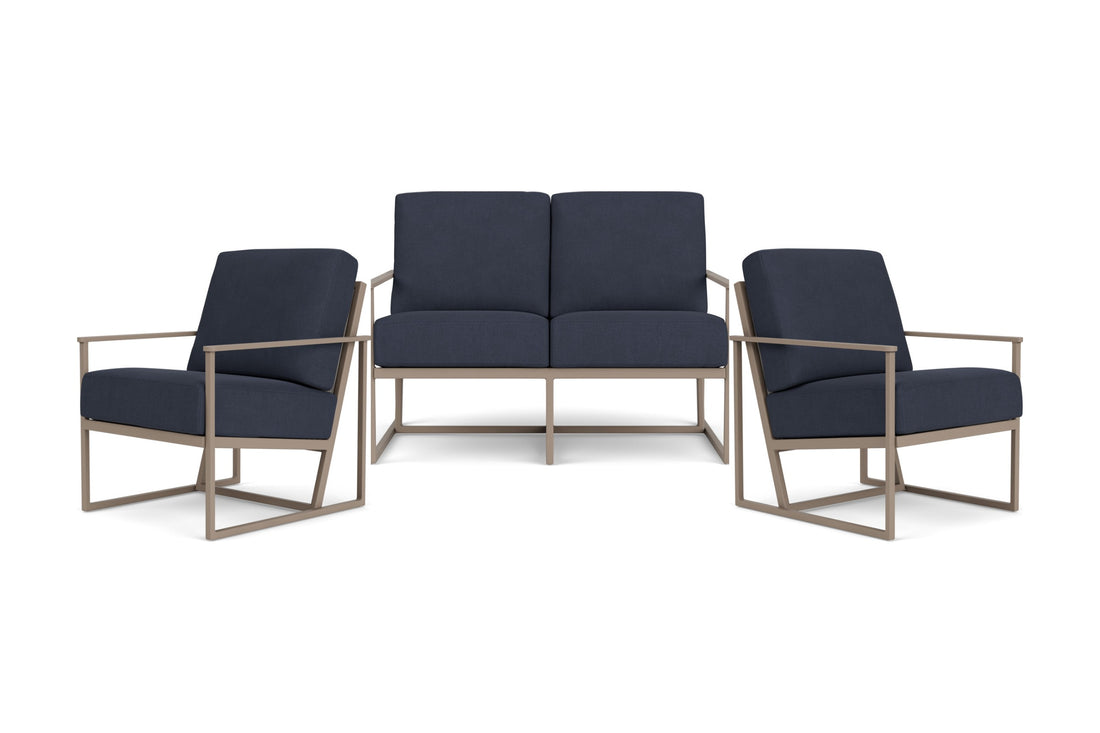 Lloyd Flanders Summit 4-Piece Conversation Set in French Beige frame with Hayden Navy fabric - all pieces shown