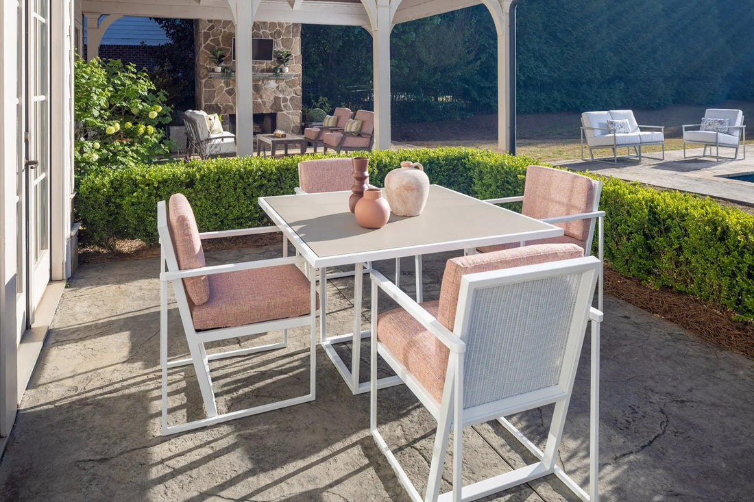 Lloyd Flanders Summit 5-Piece Dining Set in White frame - all pieces shown