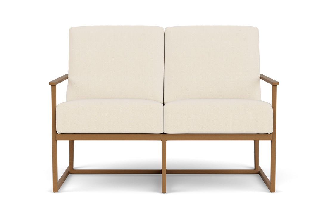 Lloyd Flanders Summit Loveseat in Hickory frame with Brightside Egret fabric