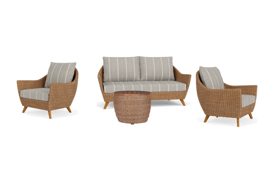 Lloyd Flanders Tobago 4-Piece Conversation Set in Hyacinth with Sandy Point Stone fabric - all pieces shown