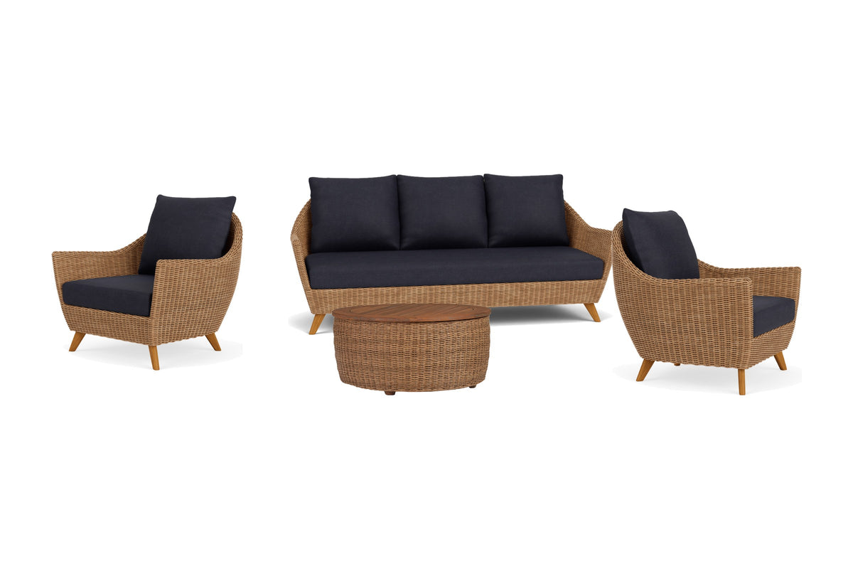 Lloyd Flanders Tobago 4-Piece Living Room Set in Hyacinth with Play Navy fabric - all pieces shown