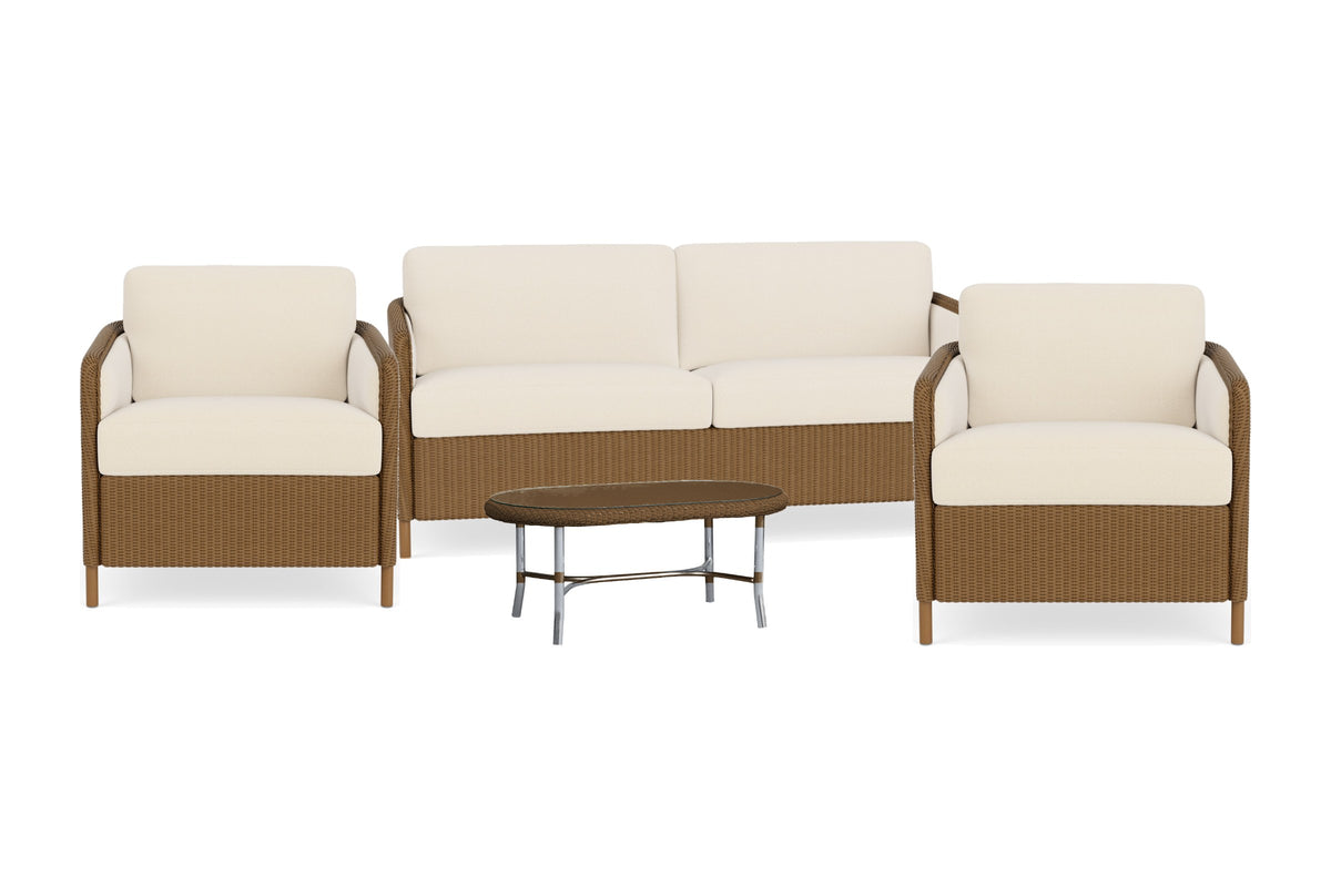 Lloyd Flanders Visions 4-Piece Living Room Set in Hickory frame with Brightside Egret fabric - all pieces shown