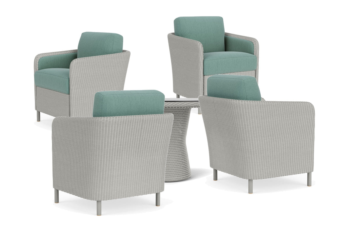Lloyd Flanders Visions 5-Piece Dining Set in Platinum frame with Loveboat Mint fabric - all pieces shown
