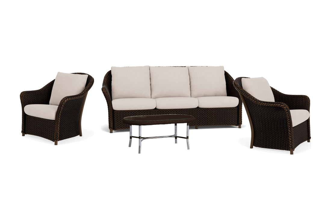 Lloyd Flanders Weekend Retreat 4-Piece Living Room Set in Mink frame with Zenith Oatmeal fabric - all pieces shown