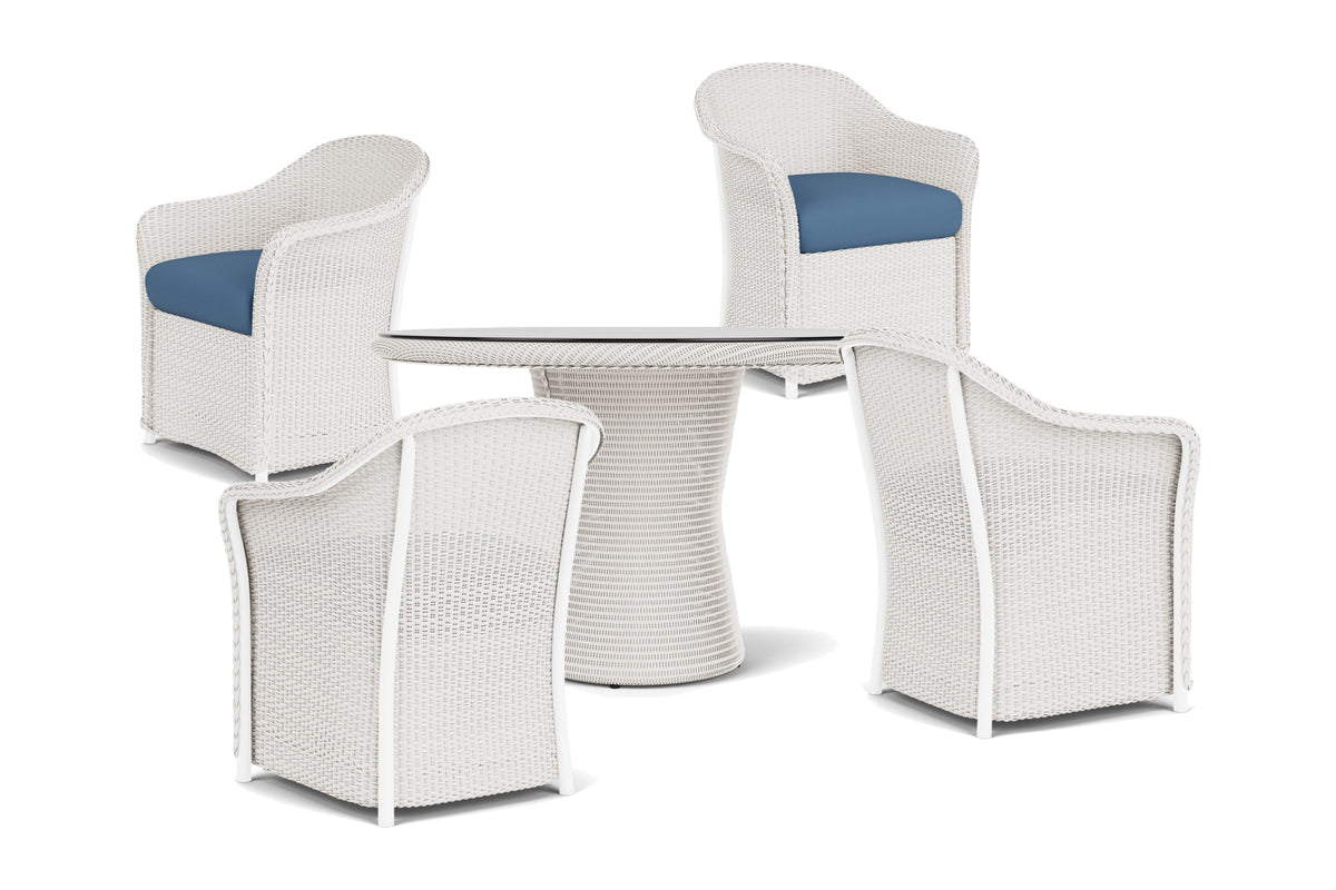 Lloyd Flanders Weekend Retreat 5-Piece Dining Set in White frame with Brightside Sea Blue fabric - all pieces shown