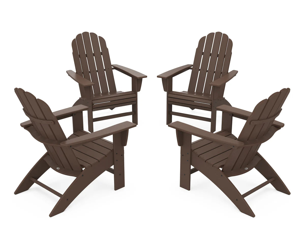 Four brown Adirondack chairs on a white background