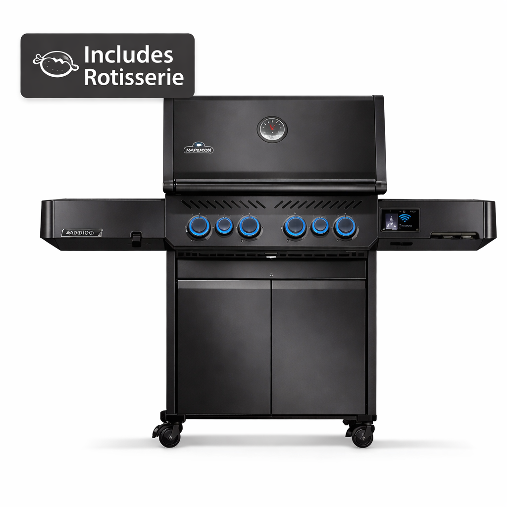 Black gas grill with rotisserie feature on a white background