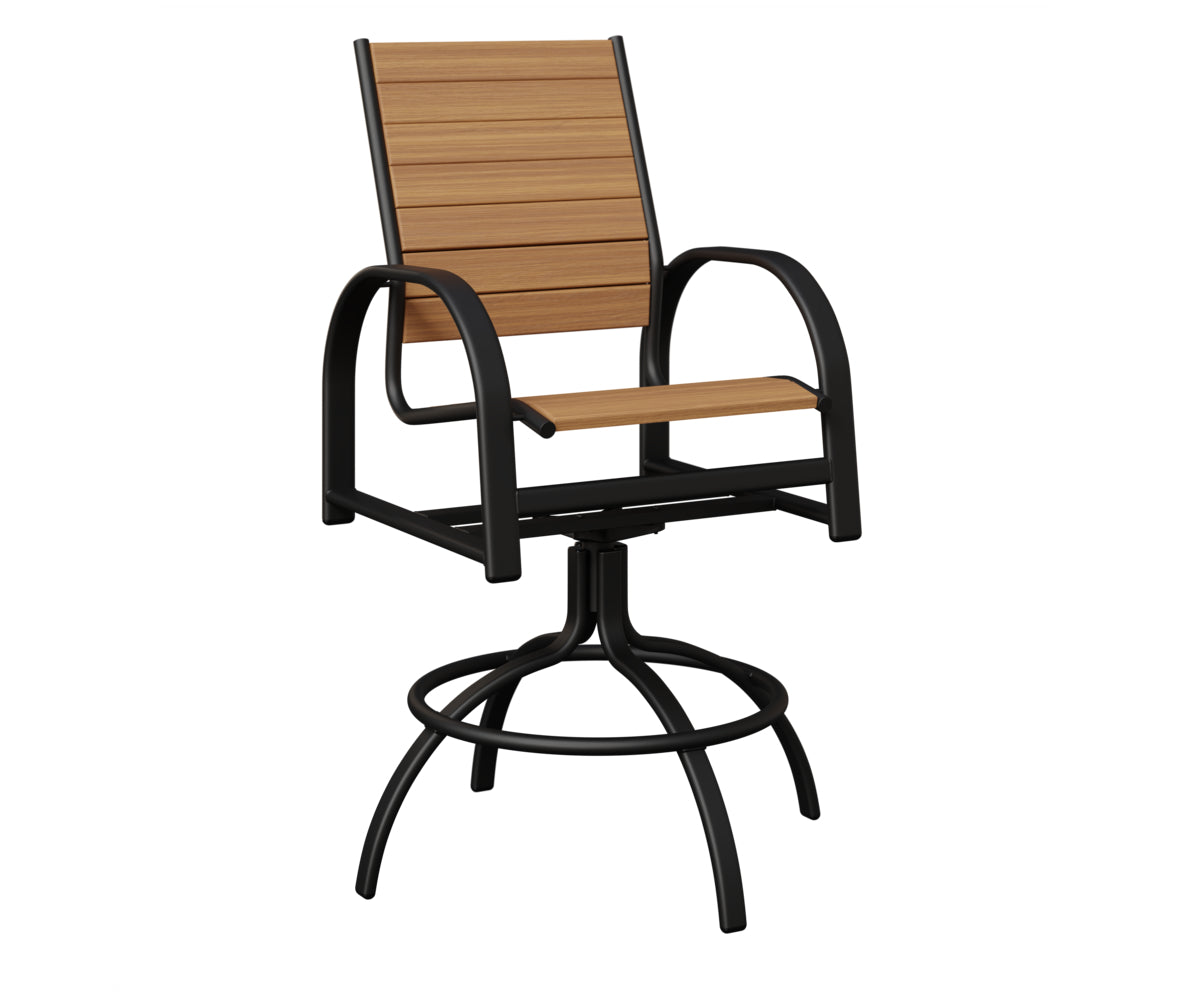 Berlin Gardens Murphy Poly Swivel Bar Chair in Black, Natural Teak slats